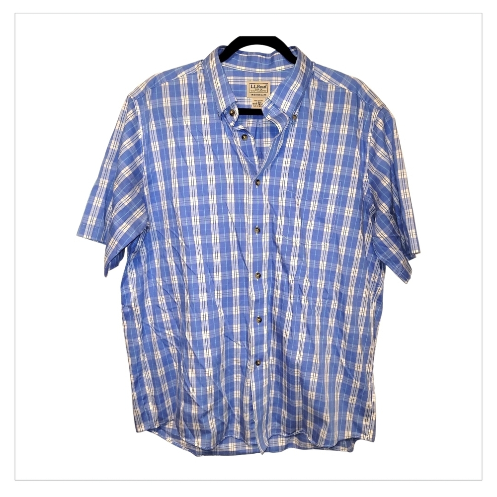 LL Bean Mens Large Blue Plaid Button Down Short Sleeve Shirt - Picture 3 of 5